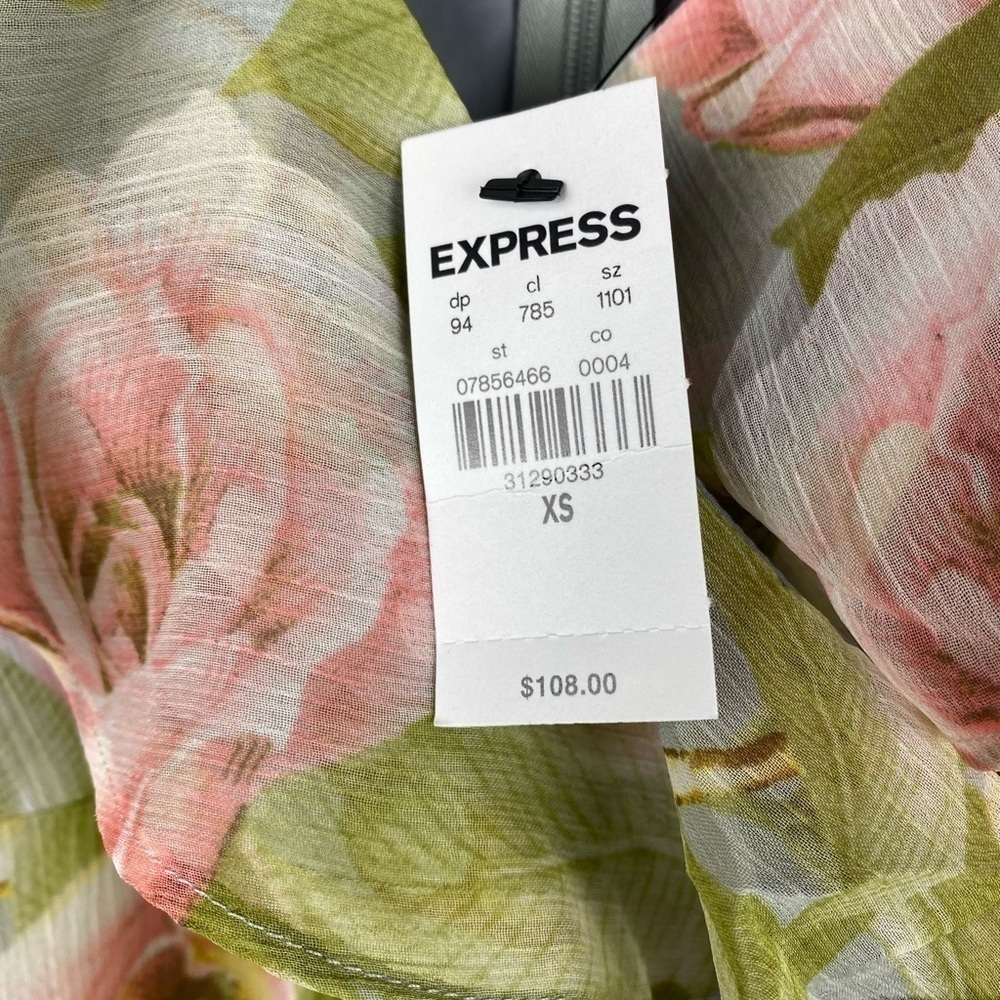 NWT Express Multicolor Floral Print Ruffle Faux Wrap Hi-Lo Maxi Dress, XS - Picture 8 of 13